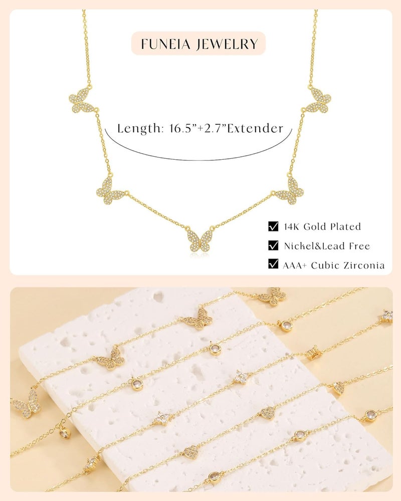 FUNEIA Dainty Silver Gold Necklaces for Women Trendy Non Tarnish 14K Gold Plated Cubic Zirconia Necklace Layered Cute Butterfly Heart Station Choker Necklace Stack for Wedding Prom Brides Jewelry - Image 5